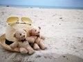 Lovely couple bear on white sand beach with Hat and sun glasses at Hua Hin beach, item and accessories for summer vacation and hol Royalty Free Stock Photo