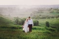 Lovely couple, bride and groom posing in field during sunset, lifestyle Royalty Free Stock Photo