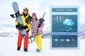 Couple with equipment at ski resort and weather forecast widget. Mobile application