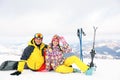 Couple with equipment at ski resort. Winter vacation Royalty Free Stock Photo