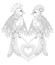 Lovely couple of exotic bird sitting on heart for adult anti stress coloring page, St Valentine day greeting card, art