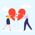 Lovely couple make up puzzle heart, loving woman and man hand hold part cardiac icon flat vector illustration, isolated Royalty Free Stock Photo