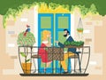 Lovely couple male and female romantic dinner on balcony, pair in love spend time together flat vector illustration