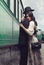 Lovely couple on railway station Royalty Free Stock Photo