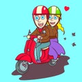 Lovely couple riding a red scooter