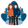 Lovely couple sitting on the bench outdoors. Vector illustration in cartoon flat style. Orange and blue colors. Concept of love,