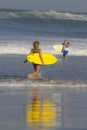 Lovely couple with surfboards on beach. Royalty Free Stock Photo