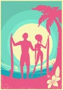 Lovely couple of surfers and blue sea waves on Vector poster background Royalty Free Stock Photo