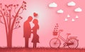 Lovely Couple Valentine`s illustration design in soft pink background, with bicycle, clouds, birds and love tree. Paper art style. Royalty Free Stock Photo