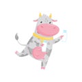 Lovely cow runnung with glass bottle of milk, funny farm animal cartoon character vector Illustration on a white