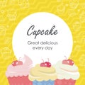 Lovely Cupcake Flyer Template Design. with colorful linear doodle cupcake illustration