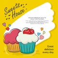 Lovely Cupcake Flyer Template Design. with colorful linear doodle cupcake illustration