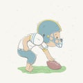 Lovely cute bear dressed like American Football player with ball in field. Young dressed teddy bear