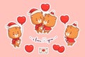 Lovely cute bears with balloons and hearts. Valentines stickers collection. Isolated romantic winter teddy bear boy and