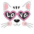 Lovely cute cat face in sunglasses, with text Love isolated object on white background. Royalty Free Stock Photo
