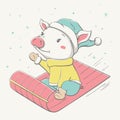 Lovely cute cheerful dressed piggy rides on a sled