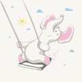 Lovely cute cheerful elephant swings on a swing. Card with cartoon animal.