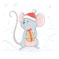 Lovely cute cheerful mouse dressed in a hat with a piece of cheese with a bow. Winter card with cartoon style animal