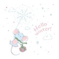 Lovely cute cheerful mouse in a funny scarf, fly with on snowflake with gift
