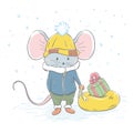 Lovely cute cheerful mouse with gifts on a sleigh