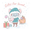Lovely cute cheerful mouse with many gifts on a sleigh