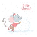 Lovely cute cheerful mouse rolls a big snowball. Winter card with cartoon style animal