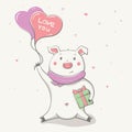 Lovely cute cheerful piggy with balloon heart and present. Valentine card Royalty Free Stock Photo