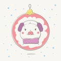 Lovely cute cheerful piggy in a earmuffs and a pink scarf in a reflection on ÃÂ¡hristmas ball. Card with cartoon animal