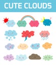 Lovely cute clouds icons, Set of Emoticons, Funny happy smiley clouds, Emoji. Smile icons. Isolated vector illustration.