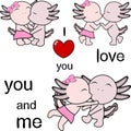 Lovely cute couple axolotl kissing cartoon love valentine set Royalty Free Stock Photo