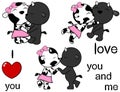 Lovely cute cow and bull kissing cartoon love valentine set