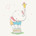 Lovely cute elephant holds a pencil on the trunk while standing on stack of books. Series of school children`s card with cartoon