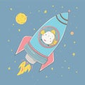 Lovely cute fish flying in the rocket in the space. Space series of children`s card Royalty Free Stock Photo