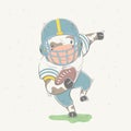 Lovely cute goby dressed like American Football player with ball in field. Young dressed cow