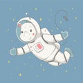 Lovely cute hippo flies in space with the space station. Space series of children`s card Royalty Free Stock Photo