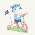 Lovely cute hippo in the panama, T-shirt and shorts by small bike. Summer series of children`s card Royalty Free Stock Photo