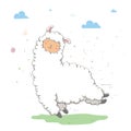 Lovely cute jumping llama / guanaco on a green meadow with clouds. Spring card