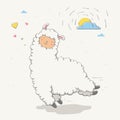 Lovely cute jumping llama / guanaco with hearts and the sun behind a cloud. Love cartoon animal.