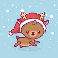 Lovely cute kawaii chibi. deer side view running under snow. Merry christmas and a happy new year