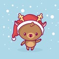 Lovely cute kawaii chibi. The deer is standing and waving his hand under the snow. Merry christmas and a happy new year Royalty Free Stock Photo