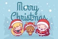 Lovely cute kawaii chibi. a group of deer singing a Snow Maiden song are under a snowfall. Merry christmas and a happy new yea