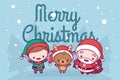 Lovely cute kawaii chibi. santa claus, deer and elf under the snow. Merry christmas and a happy new year. greeting card Royalty Free Stock Photo