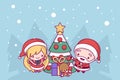 Lovely cute kawaii chibi. Santa Claus and Snow Maiden decorate the New Year tree under the snow. Merry Christmas Royalty Free Stock Photo