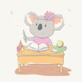 Lovely cute koala girl sits at a school desk with pencil and books. Series of school children`s card with cartoon style animal