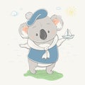 Lovely cute koala in sailor clothes launches paper boat. Koala bear in funny clothes, hand-drawn