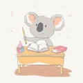 Lovely cute koala sits at a school desk with pencil and books. Series of school children`s card with cartoon style animal