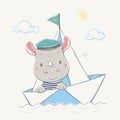 Lovely cute little rhino dressed captain`s cap swims in the paper boat. Summer series of children`s card Royalty Free Stock Photo