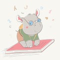 Lovely cute nerd rhino flies on book with glasses and backpack. Series of school children`s card with cartoon style animal