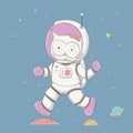 Lovely cute owl girl jumping on the planets in space. Space series of children`s card Royalty Free Stock Photo