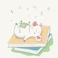 Lovely cute pig sleeping on books. Series of school children`s card with cartoon style animal Royalty Free Stock Photo